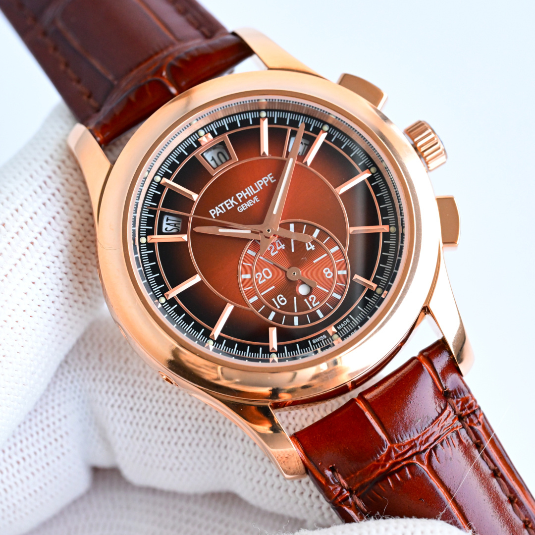 Rose Gold Flyback Chronograph Watch with Sunburst Brown Dial – Luxury Time Management