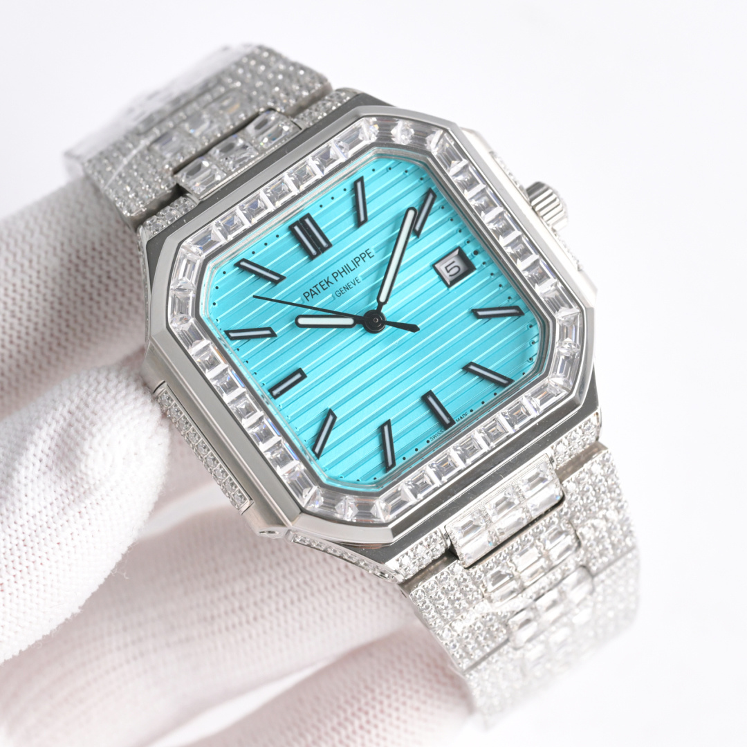 Square Nautilus-inspired 5821 Tiffany Blue Sunburst Full Pavé Diamond Super Clone