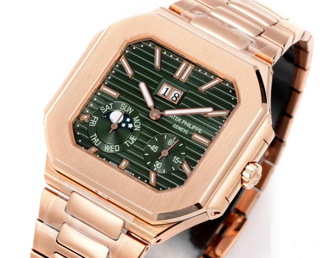 Square Nautilus-inspired 5822 Olive Green Rose Gold Annual Calendar Super Clone