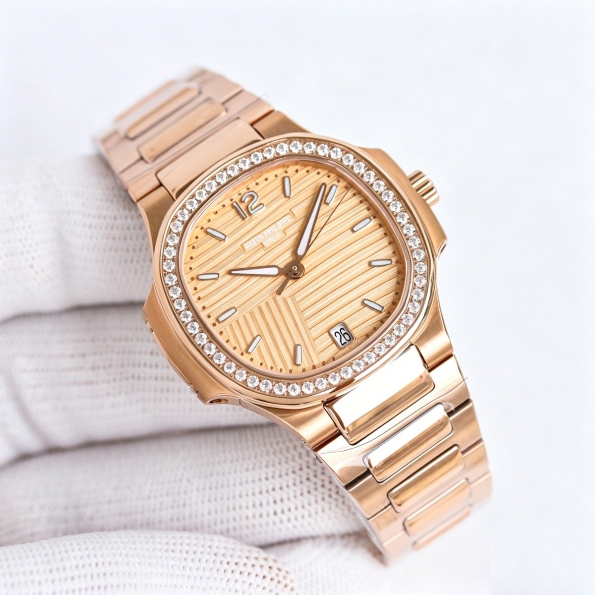 Diamond Bezel Rose Gold Ladies Watch with Golden Striped Dial | Nautilus-Inspired Haute Joaillerie