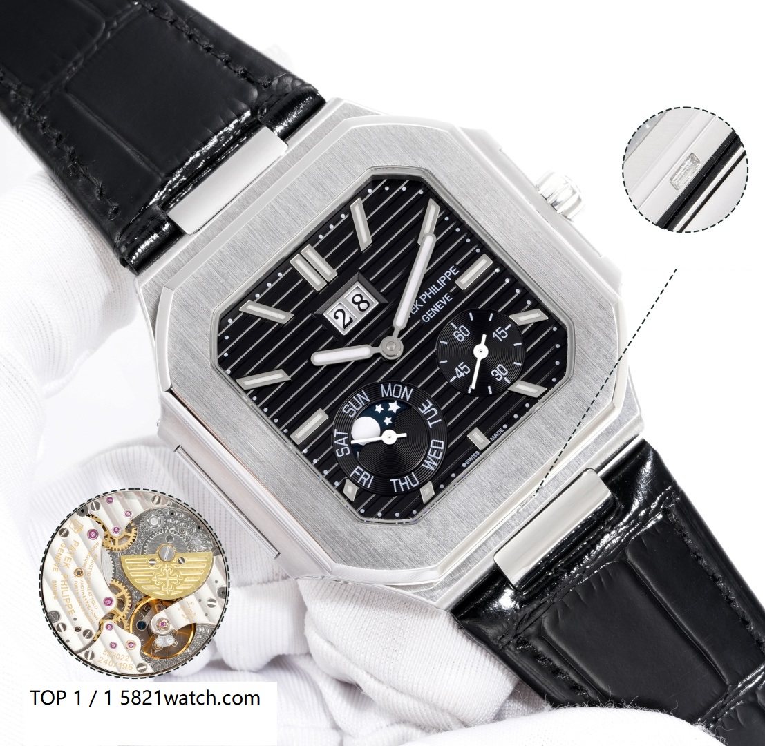 Square Nautilus-inspired 5822 Black Sunburst Annual Calendar Steel Leather Strap Super Clone