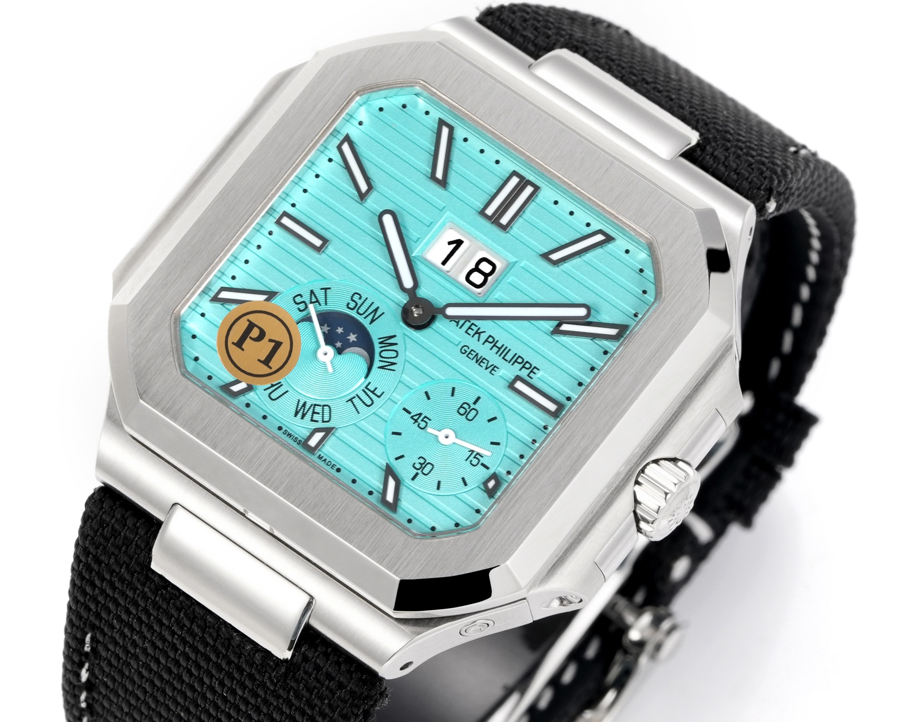 Square Nautilus-inspired 5822 Tiffany Blue Sunburst Annual Calendar Denim Strap Super Clone