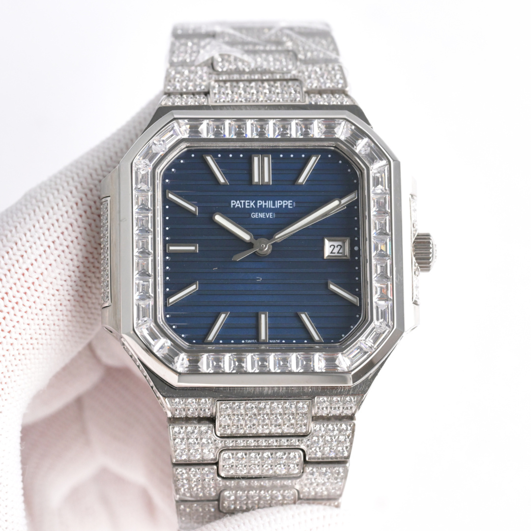 Square Nautilus-inspired 5821 Navy Blue Sunburst Full Pavé Diamond Super Clone