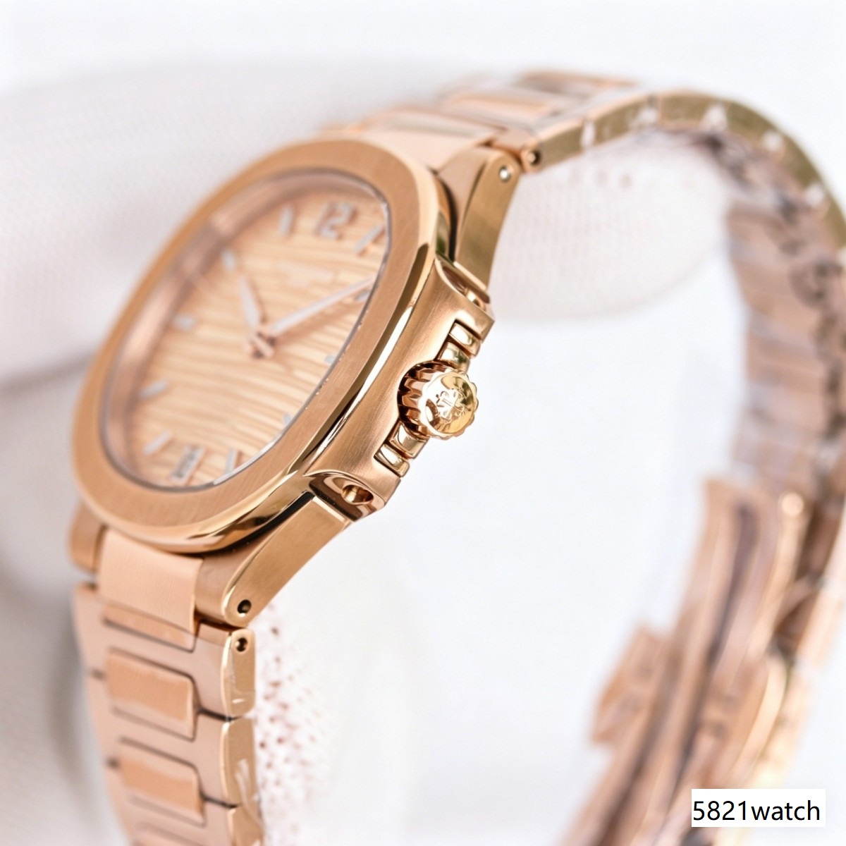 Rose Gold Ladies Watch with Golden Striped Dial | Nautilus-Inspired Warmth Edition
