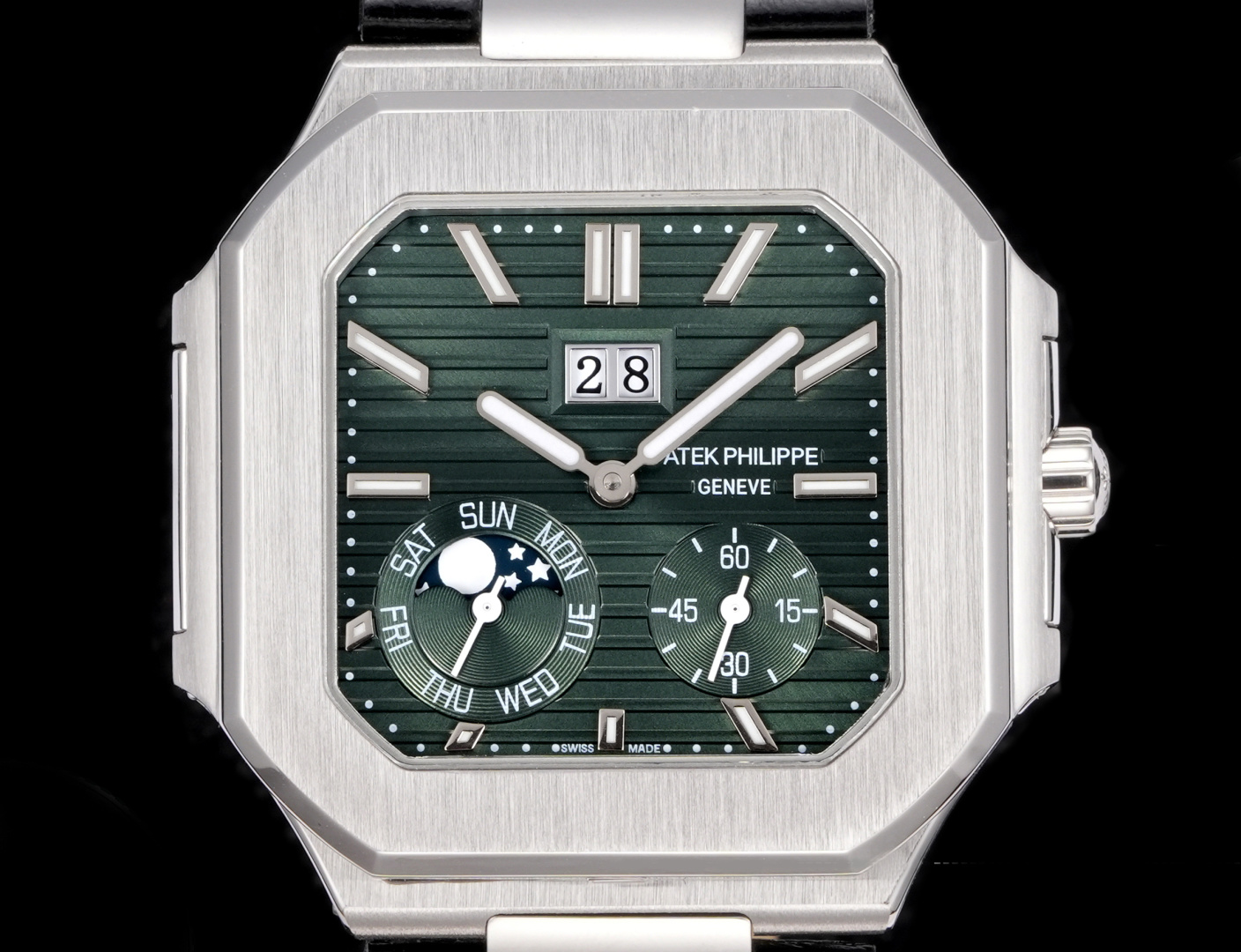 Square Nautilus-inspired 5822 Olive Green Sunburst Annual Calendar Steel Leather Strap Super Clone
