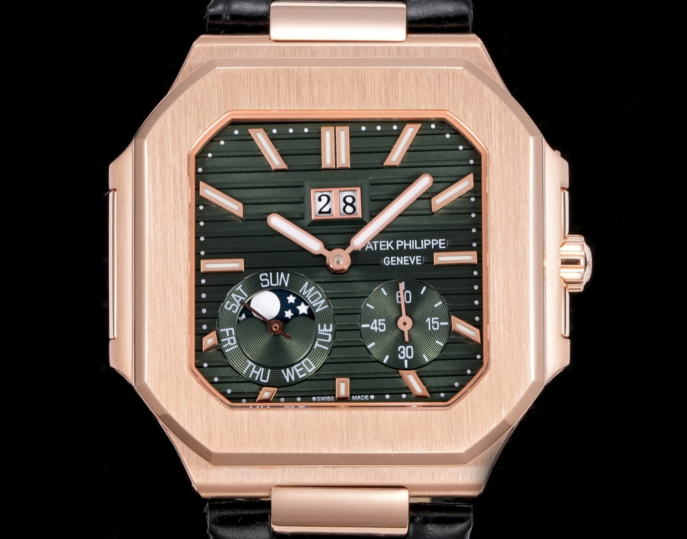 Square Nautilus-inspired 5822 Olive Green Sunburst Annual Calendar Rose Gold Leather Strap Super Clone