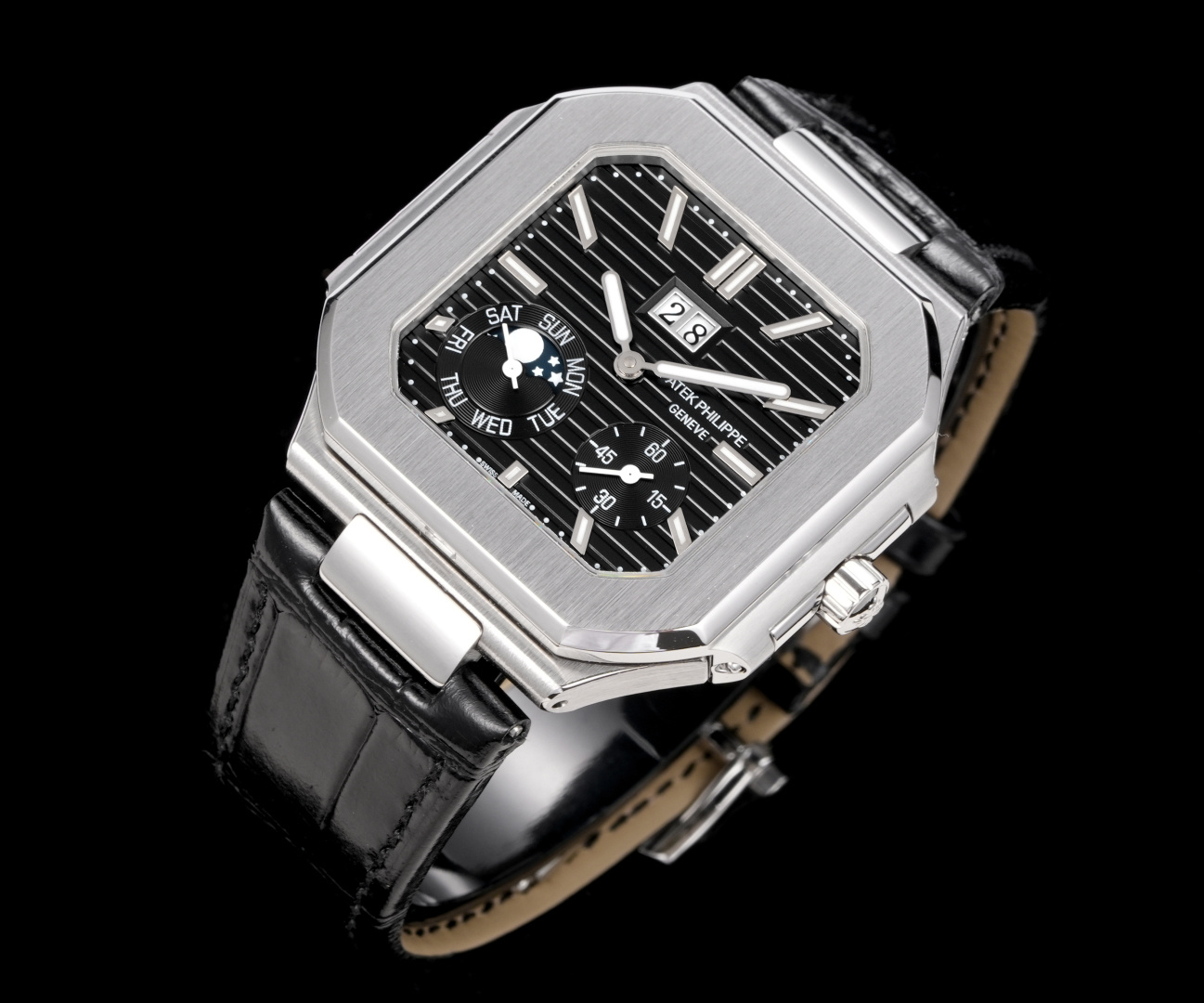 Square Nautilus-inspired 5822 Black Sunburst Annual Calendar Steel Leather Strap Super Clone