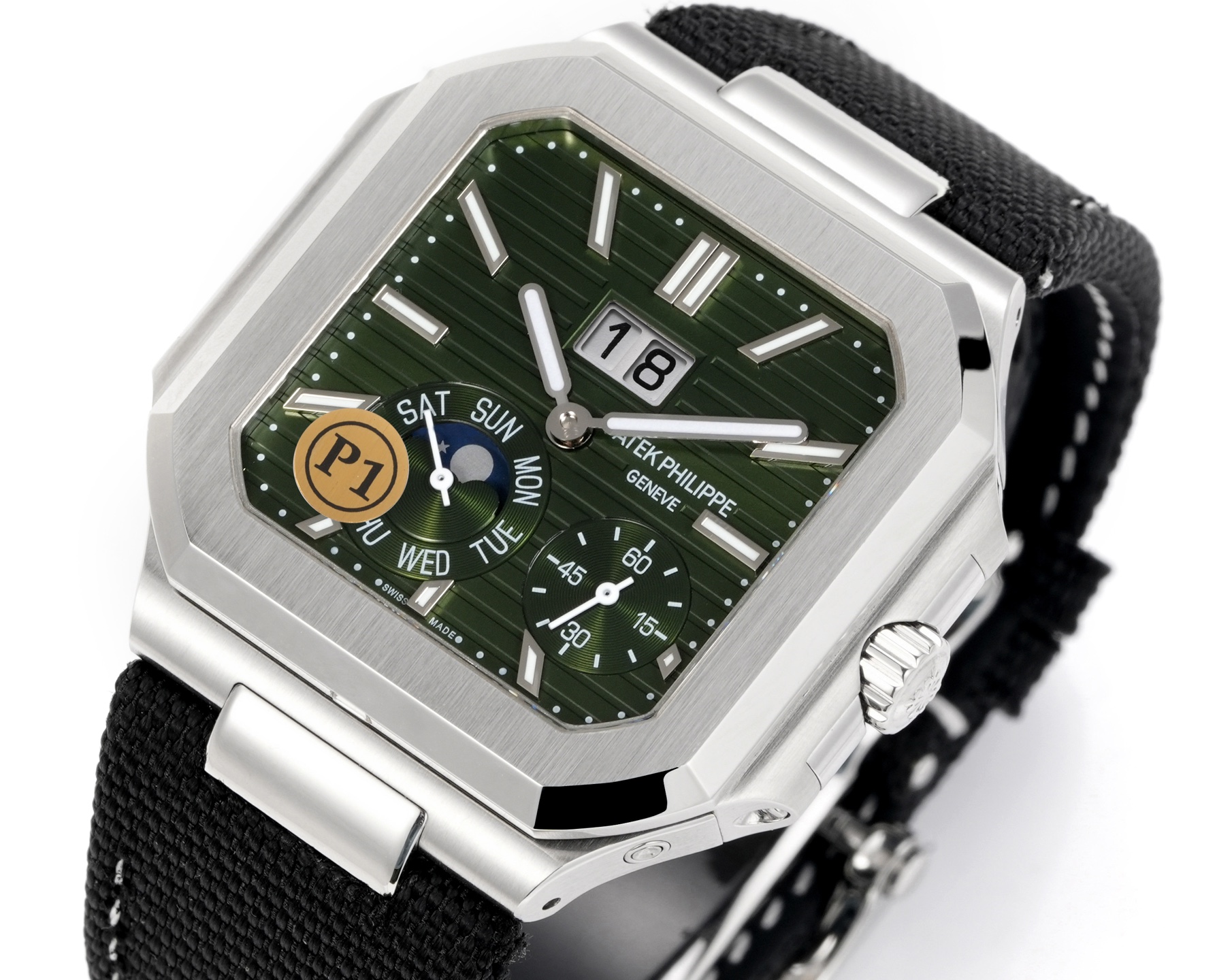 Square Nautilus-inspired 5822 Olive Green Sunburst Annual Calendar Denim Strap Super Clone