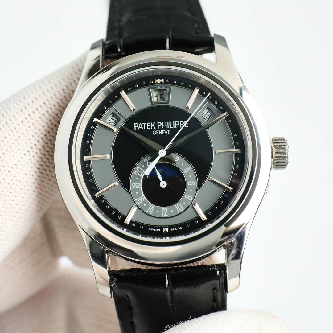 Two-Tone Black & Grey Annual Calendar Moon Phase | White Gold Luxury Watch