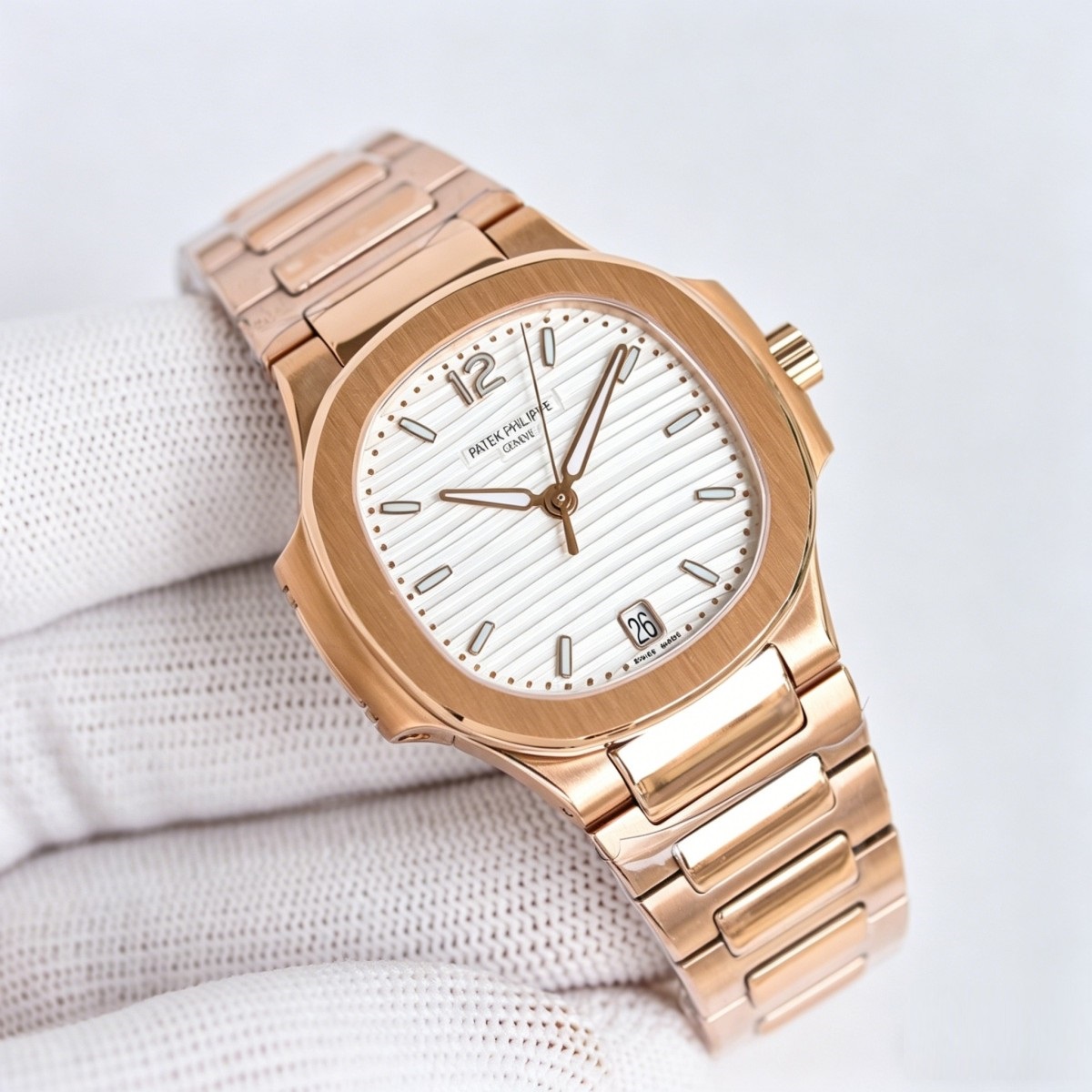 Rose Gold Ladies Watch with Silvery Striped Dial | Nautilus-Inspired Integrated Elegance