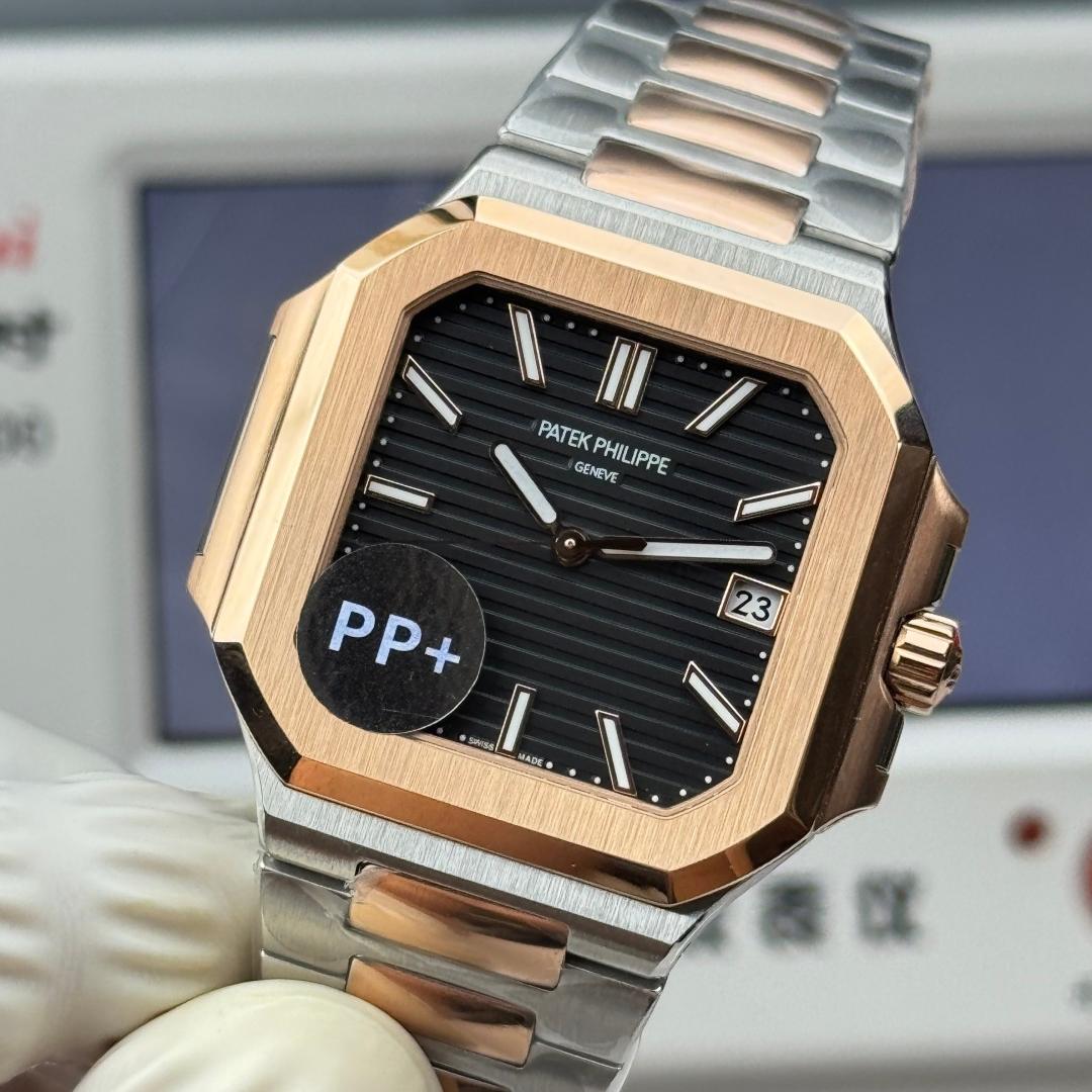 Square Nautilus-inspired 5821 Black Sunburst Two-Tone Rose Gold Super Clone