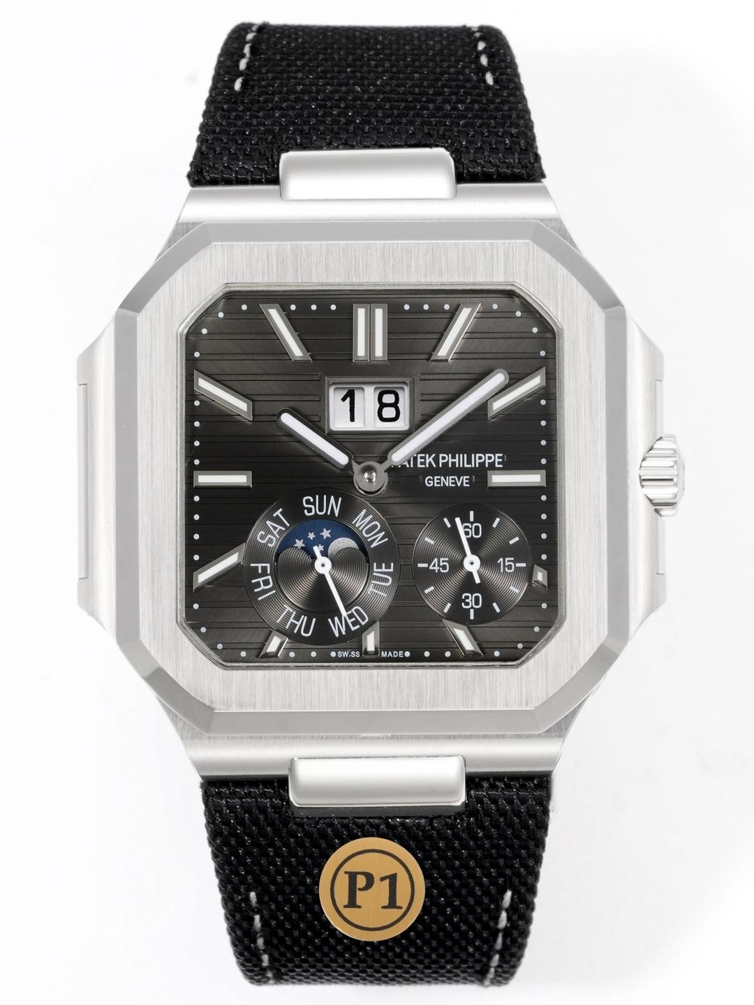 Square Nautilus-inspired 5822 Dark Gray Sunburst Annual Calendar Denim Strap Super Clone
