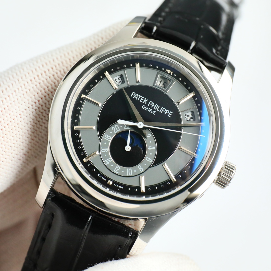 Two-Tone Black & Grey Annual Calendar Moon Phase | White Gold Luxury Watch