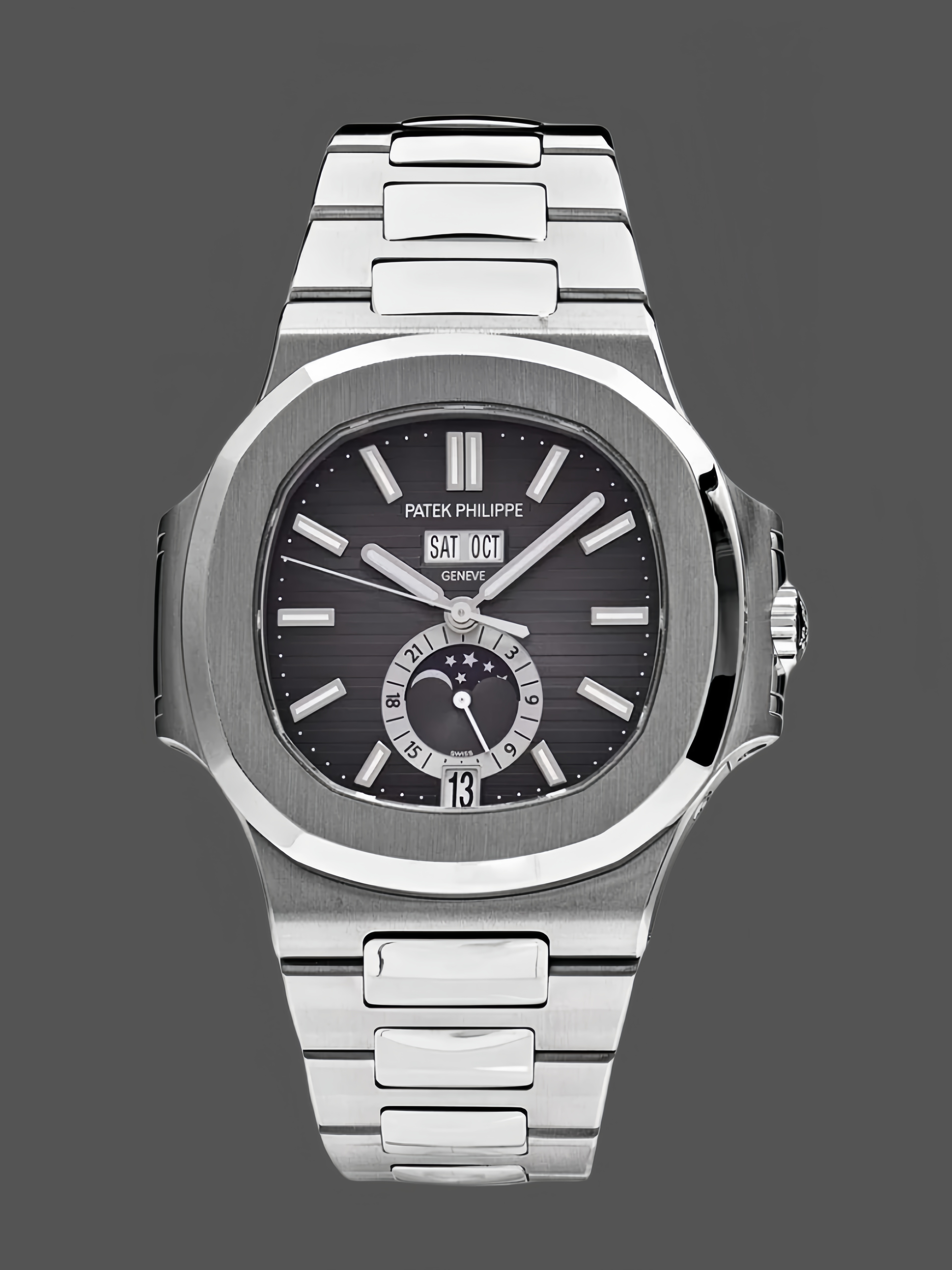 5726 1A 001 Super Clone Silver Black Dial Annual Calendar Mens Sports Watch