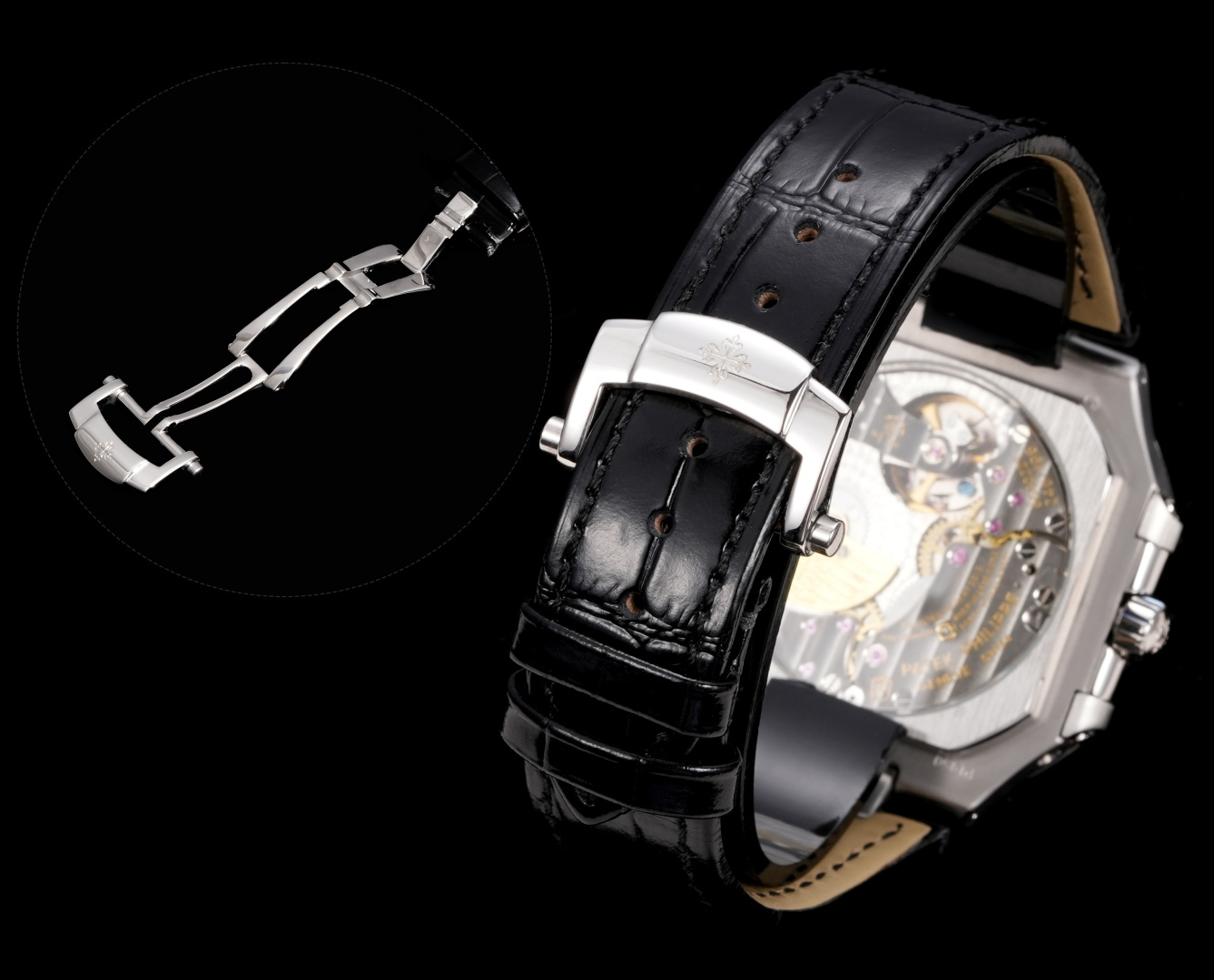 Square Nautilus-inspired 5822 Black Sunburst Annual Calendar Steel Leather Strap Super Clone