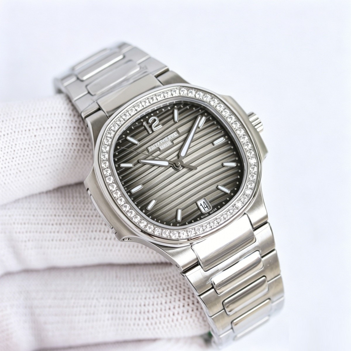White Gold Diamond Ladies' Watch with Grey Striped Dial – Nautilus-Inspired Evening Radiance