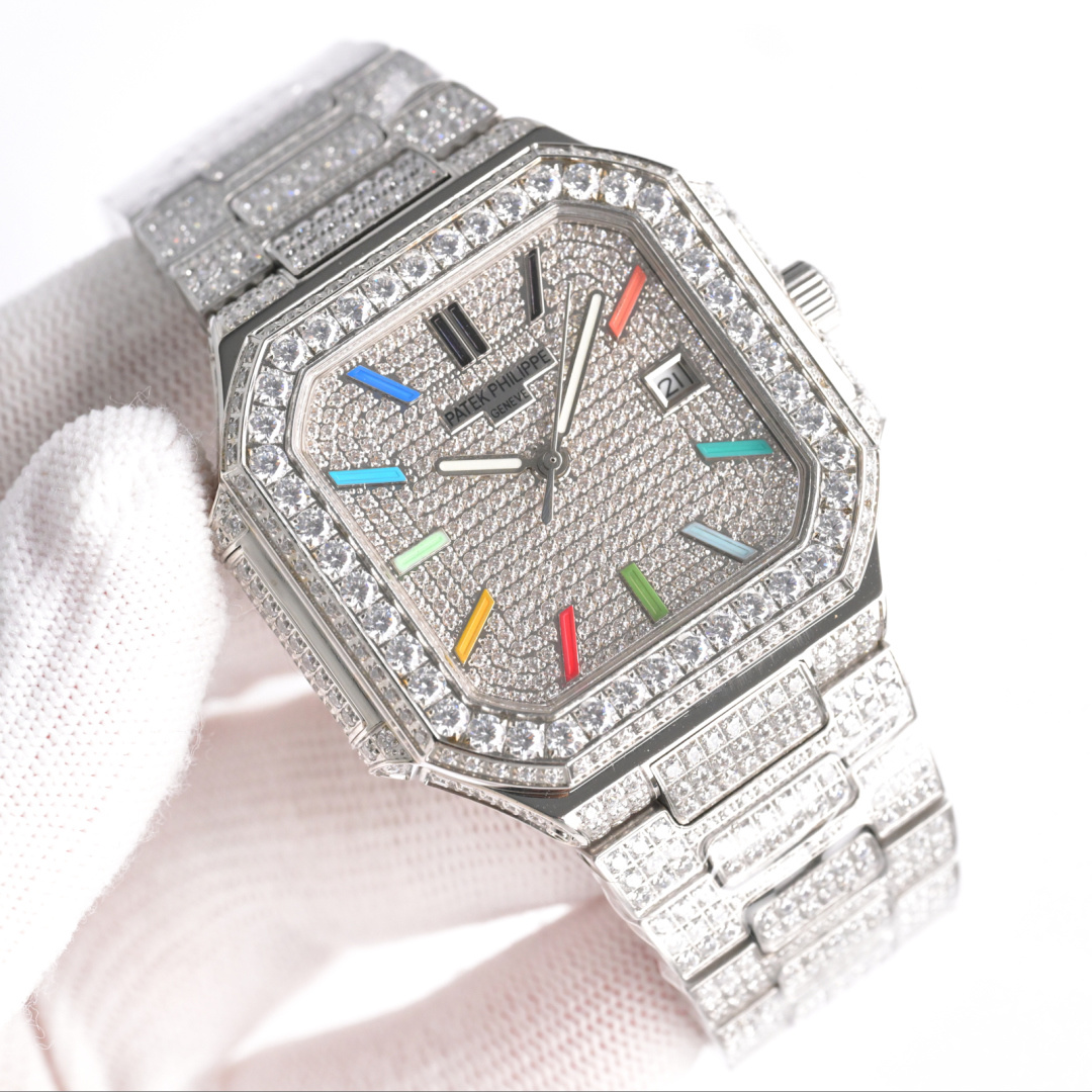 Square Nautilus-inspired 5821 Rainbow Hour Markers Full Pavé Diamond Super Clone