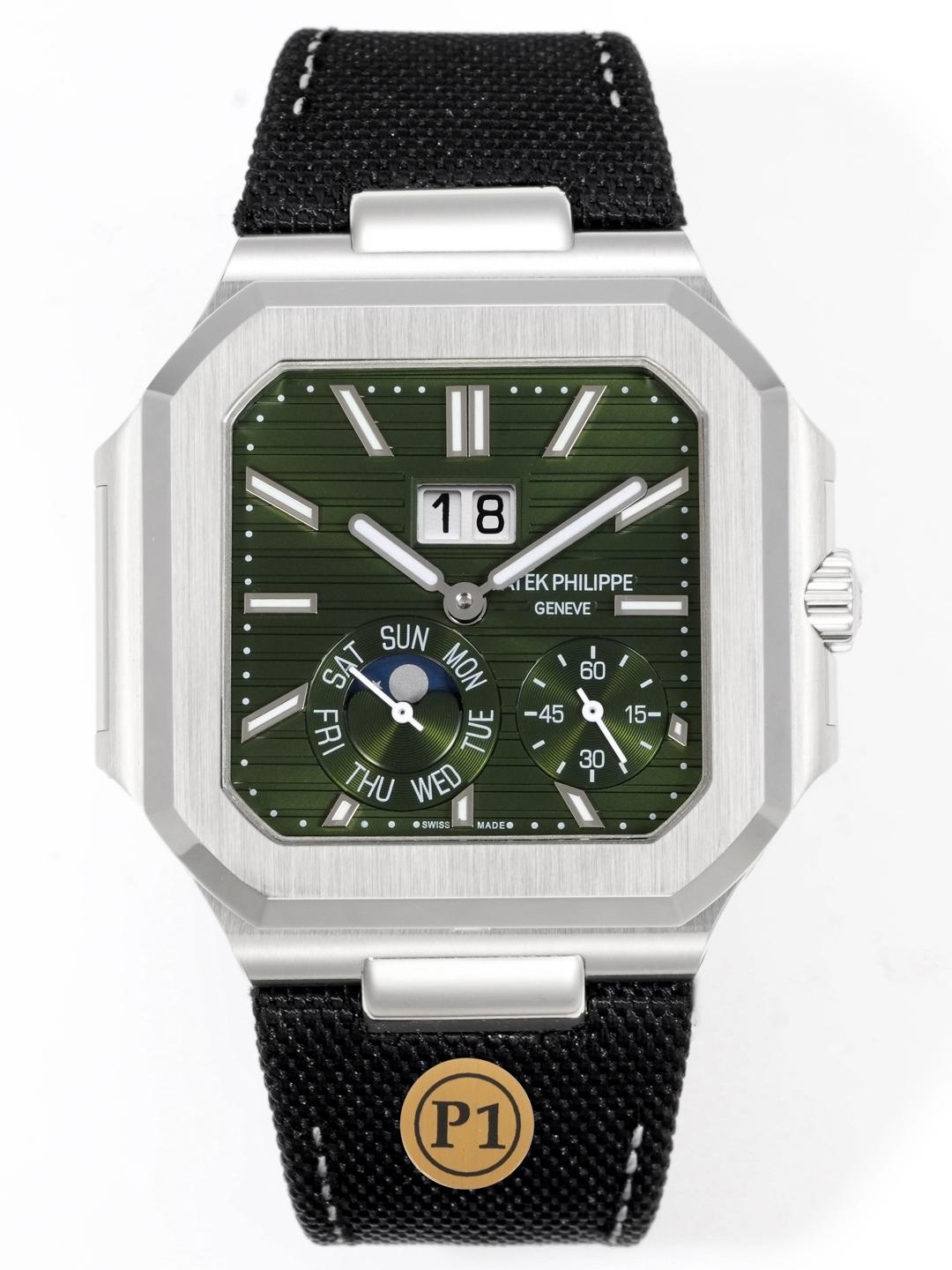 Square Nautilus-inspired 5822 Olive Green Sunburst Annual Calendar Denim Strap Super Clone