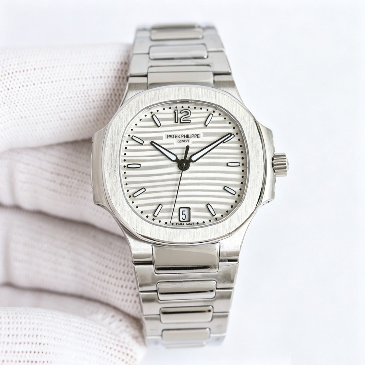 White Gold Ladies' Watch with Silvery Striped Dial - Nautilus-Inspired Minimalist Precision