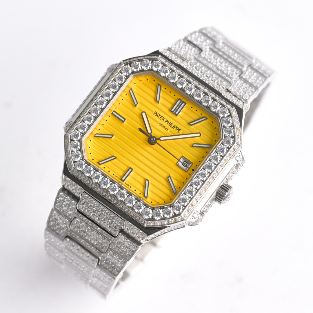 Square Nautilus-inspired 5821 Yellow Sunburst Full Pavé Diamond Super Clone