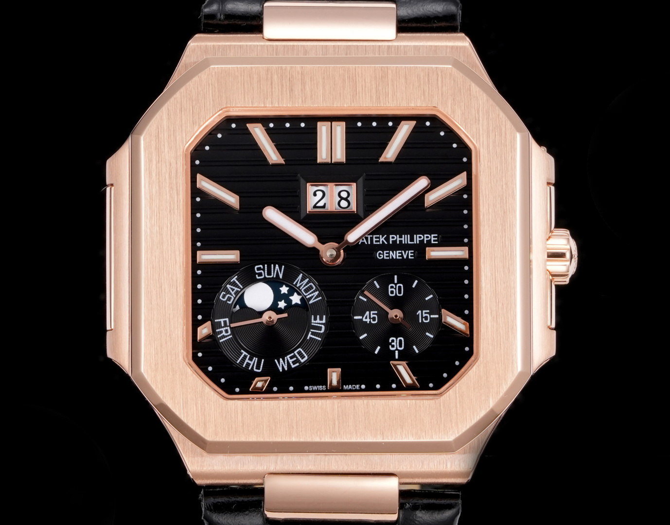 Square Nautilus-inspired 5822 Black Sunburst Annual Calendar Rose Gold Leather Strap Super Clone