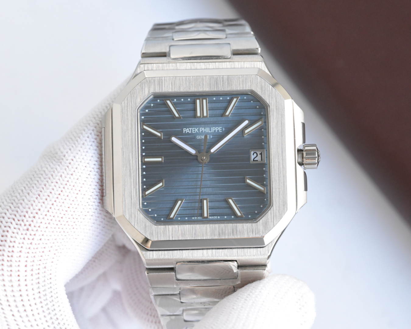 Square Nautilus-inspired 7128 Blue-Gray Sunburst Steel Super Clone