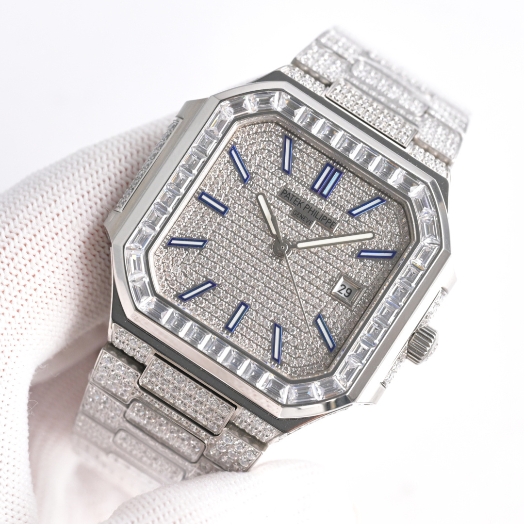 Square Nautilus-inspired 5821 Navy Blue Baguette Diamond Markers Full Pavé Diamond Super Clone