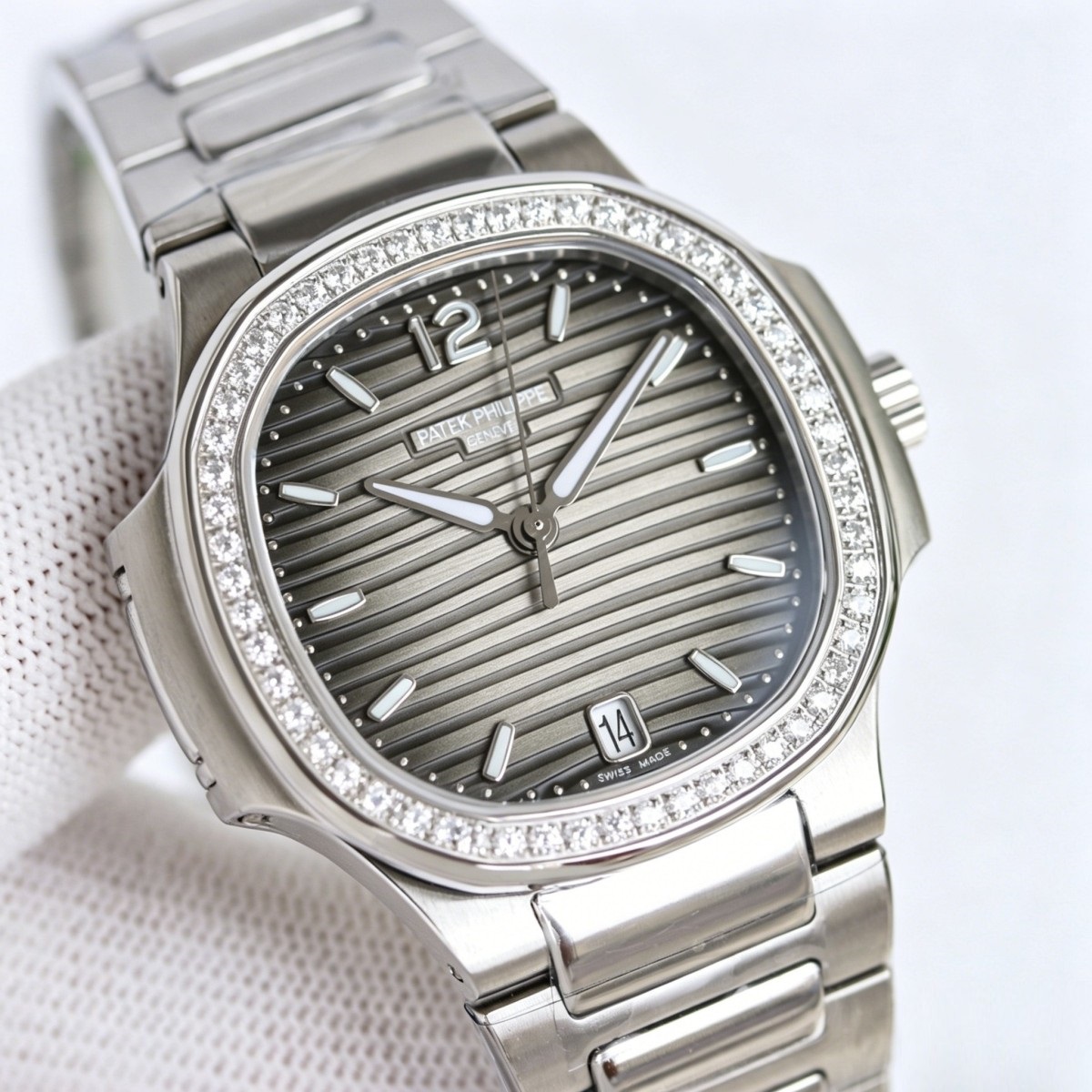 White Gold Diamond Ladies' Watch with Grey Striped Dial – Nautilus-Inspired Evening Radiance