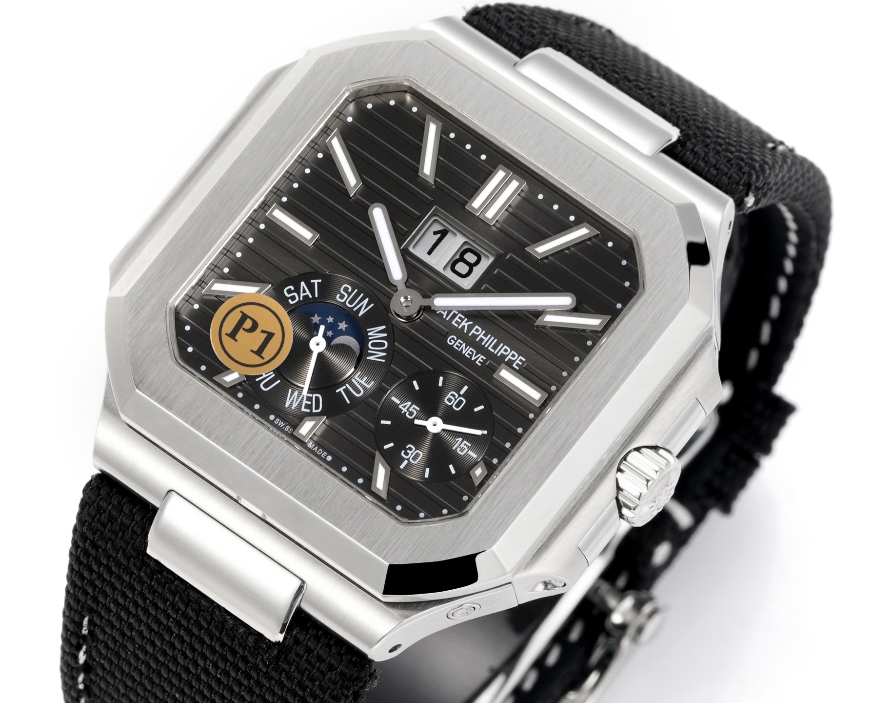 Square Nautilus-inspired 5822 Dark Gray Sunburst Annual Calendar Denim Strap Super Clone