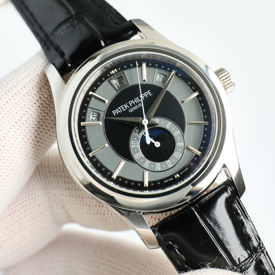 Two-Tone Black & Grey Annual Calendar Moon Phase | White Gold Luxury Watch