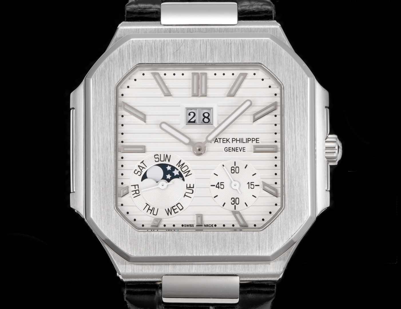 Square Nautilus-inspired 5822 White Sunburst Annual Calendar Steel Leather Strap Super Clone