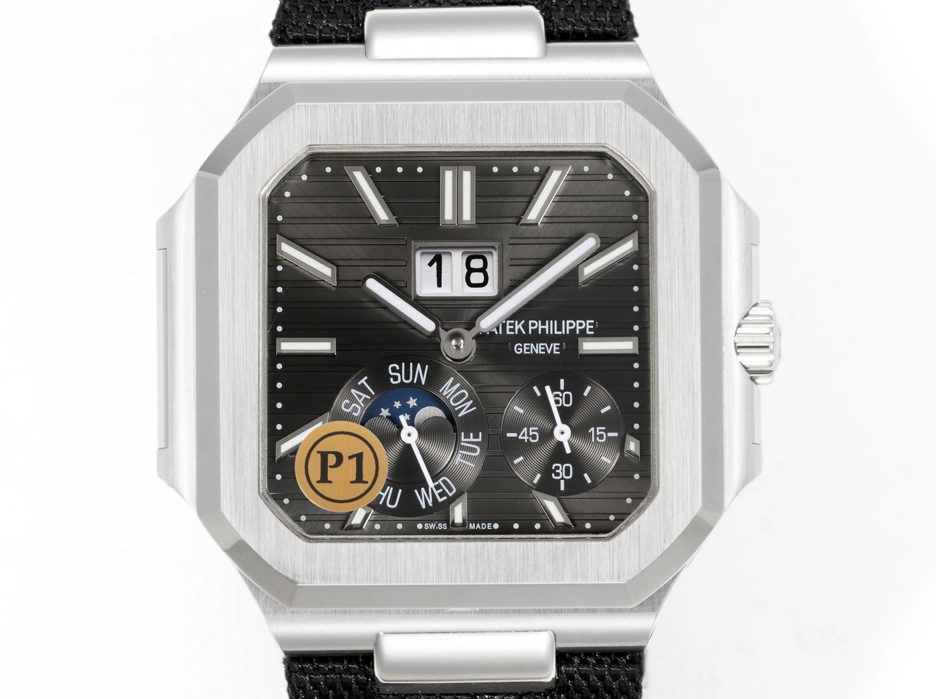 Square Nautilus-inspired 5822 Dark Gray Sunburst Annual Calendar Denim Strap Super Clone
