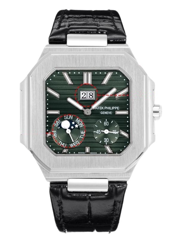 Square Nautilus-inspired 5822 Olive Green Sunburst Annual Calendar Steel Leather Strap Super Clone