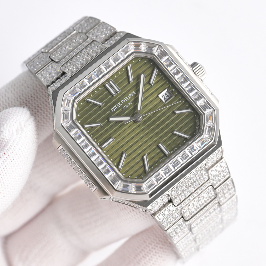 Square Nautilus-inspired 5821 Olive Green Sunburst Full Pavé Diamond Super Clone