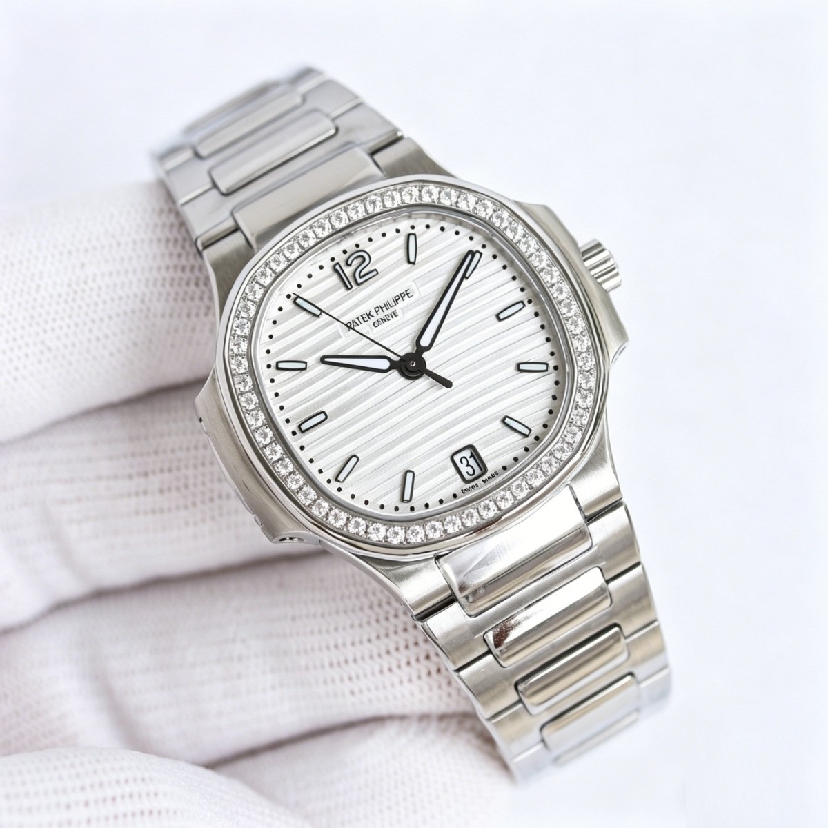 White Gold Diamond Ladies Watch with Silvery Striped Dial | Nautilus-Inspired Modern Haute Joaillerie