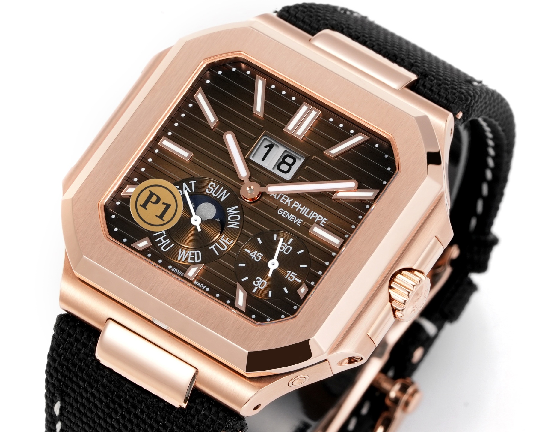 Square Nautilus-inspired 5822 Brown Sunburst Annual Calendar Rose Gold Denim Strap Super Clone