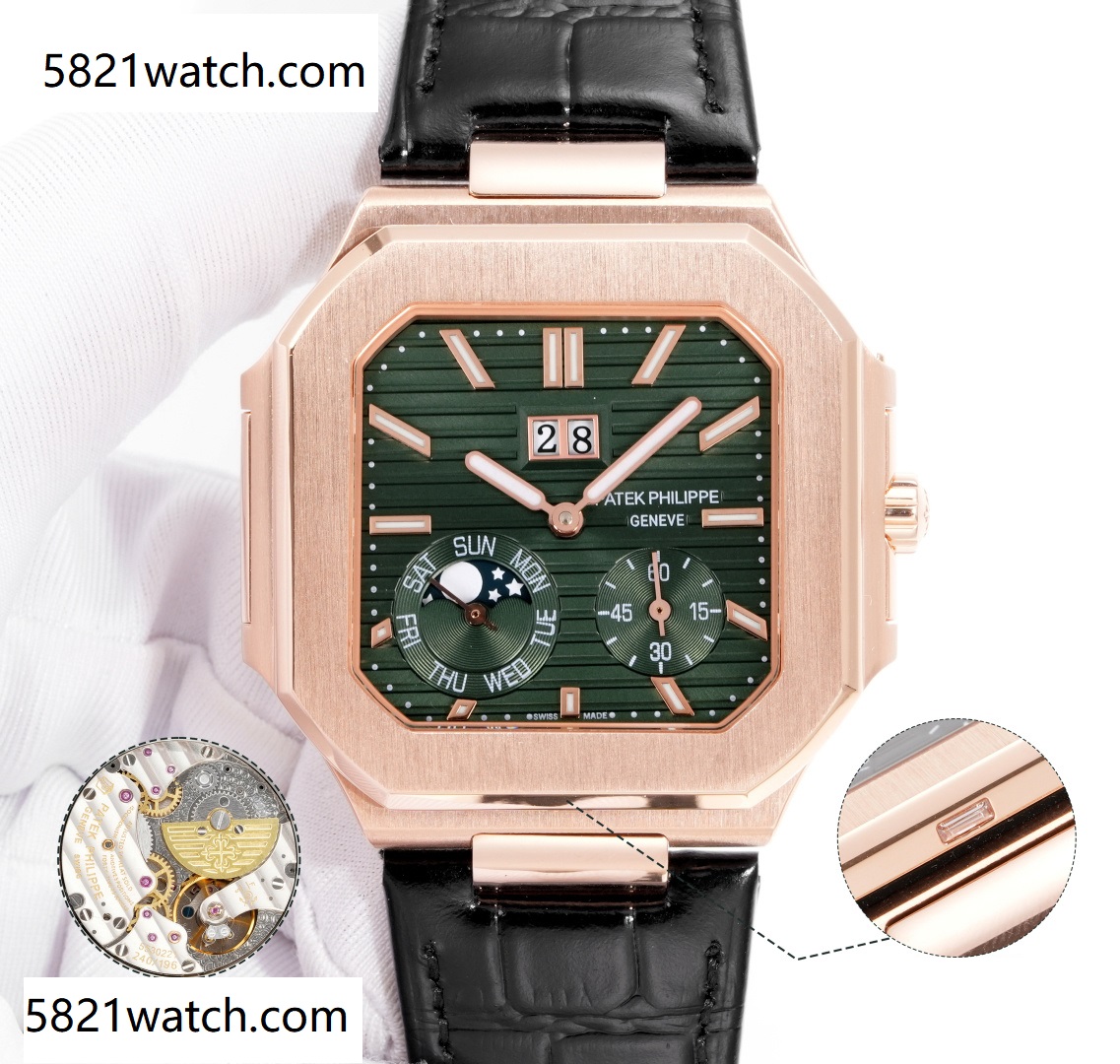 Square Nautilus-inspired 5822 Olive Green Sunburst Annual Calendar Rose Gold Leather Strap Super Clone
