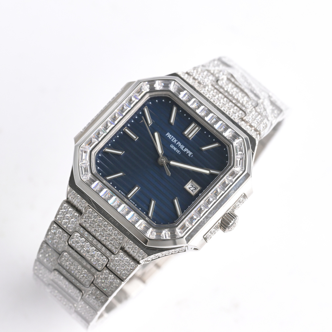Square Nautilus-inspired 5821 Navy Blue Sunburst Full Pavé Diamond Super Clone