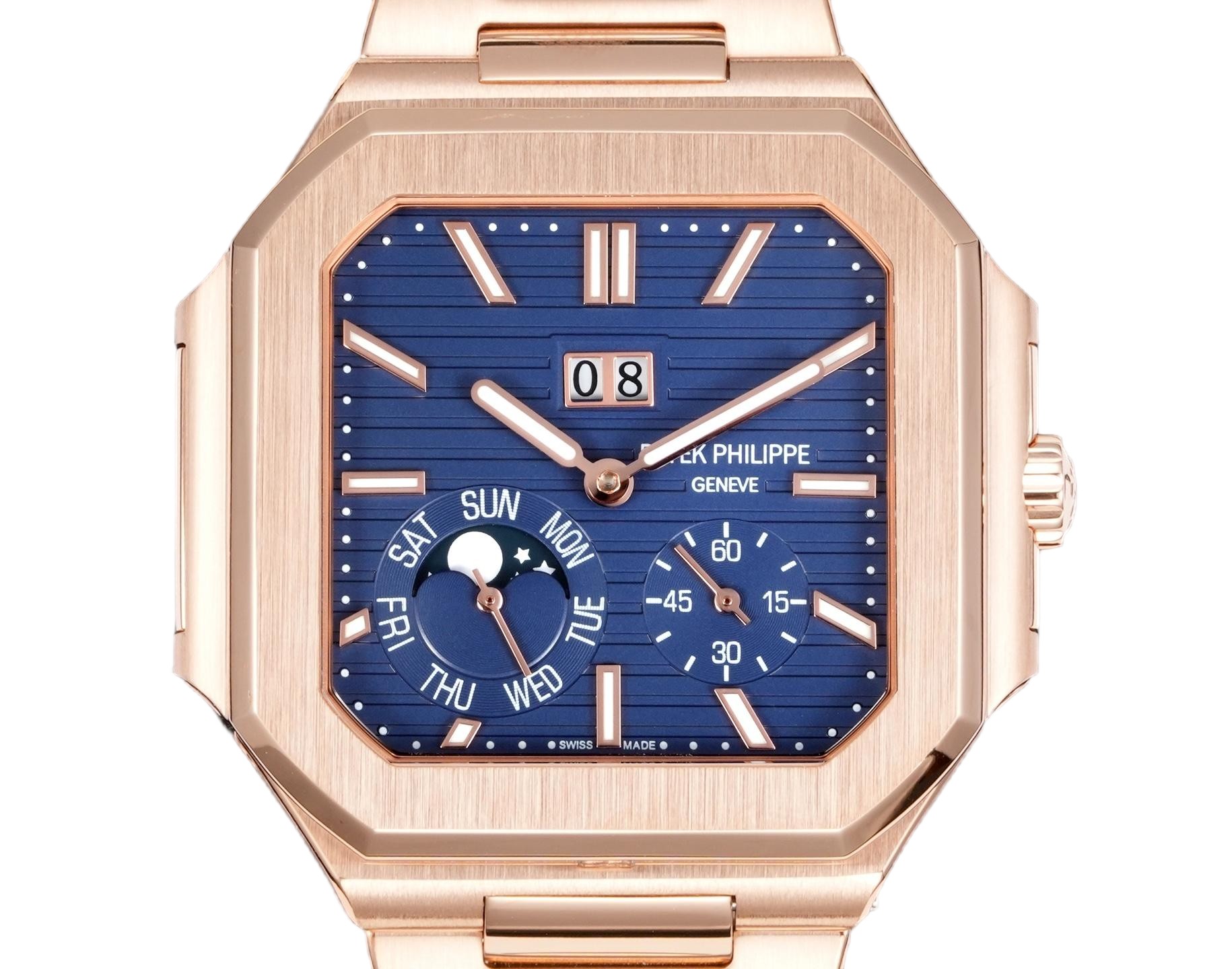 Square Nautilus-inspired 5822 Navy Blue Sunburst Annual Calendar Full Rose Gold Super Clone