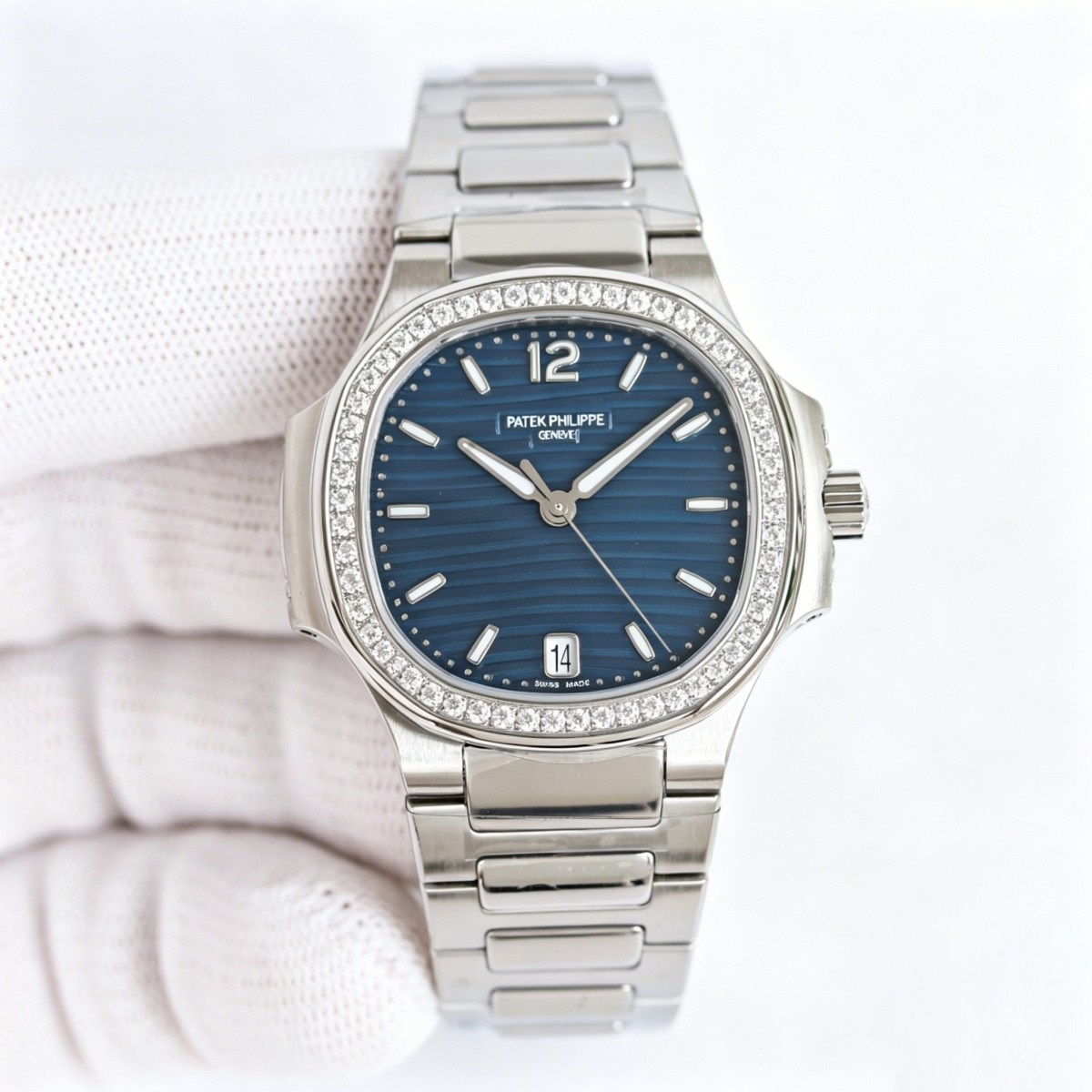 White Gold Diamond Ladies' Watch with Blue Striped Dial – Nautilus-Inspired Radiance & Depth