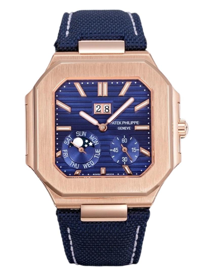 Square Nautilus-inspired 5822 Navy Blue Sunburst Annual Calendar Full Rose Gold Denim Strap Super Clone