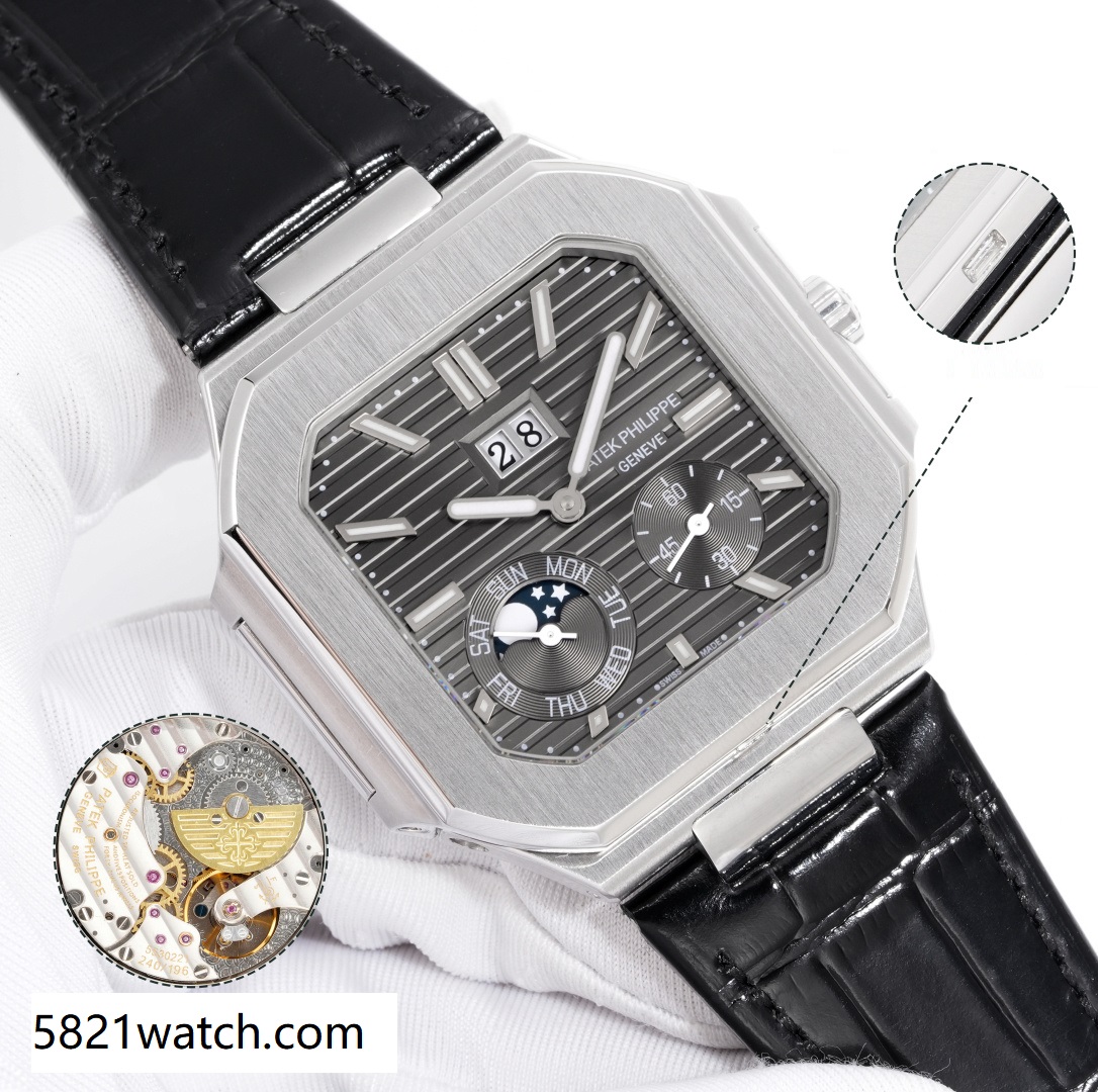 Square Nautilus-inspired 5822 Dark Gray Sunburst Annual Calendar Steel Leather Strap Super Clone