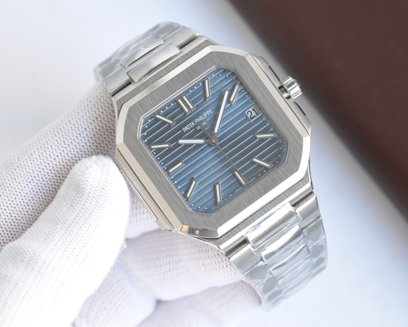 Square Nautilus-inspired 7128 Blue-Gray Sunburst Steel Super Clone