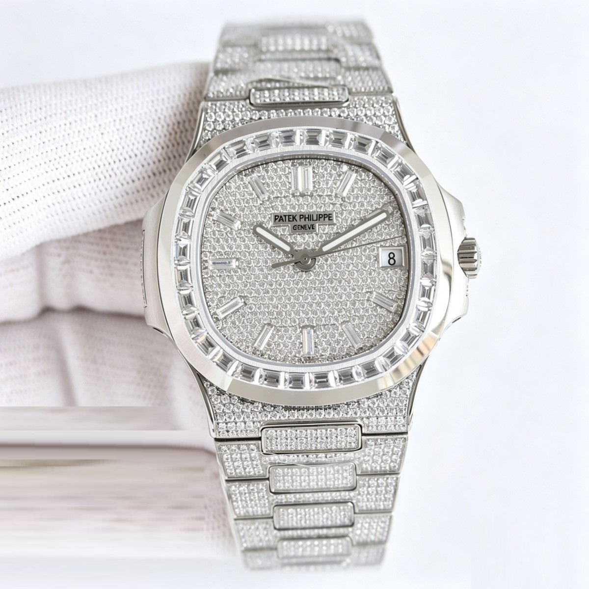 Stainless Steel Full Diamond Watch with Iconic Horizontal Stripe Dial – Nautilus-Inspired Classic