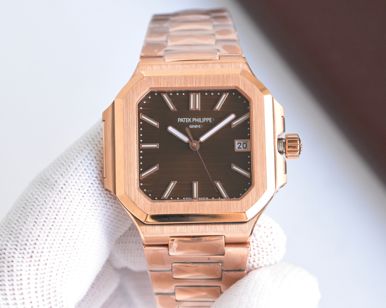 Square Nautilus-inspired 7128 Brown Sunburst Rose Gold Super Clone