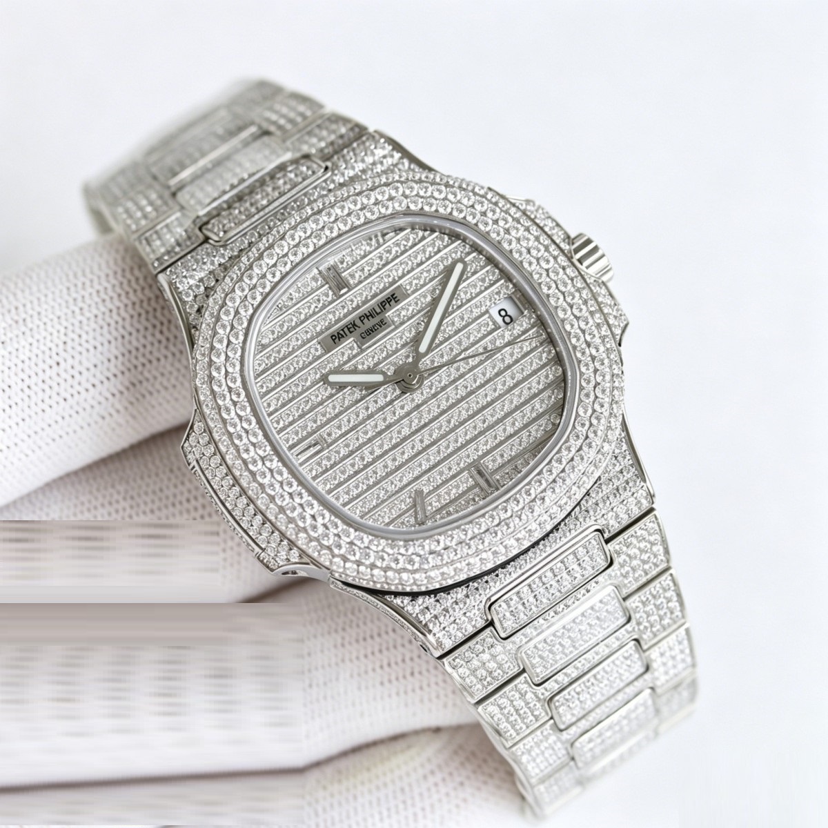Stainless Steel Full Diamond Watch with Horizontal Satin Stripe Dial – Nautilus-Inspired Racing Precision