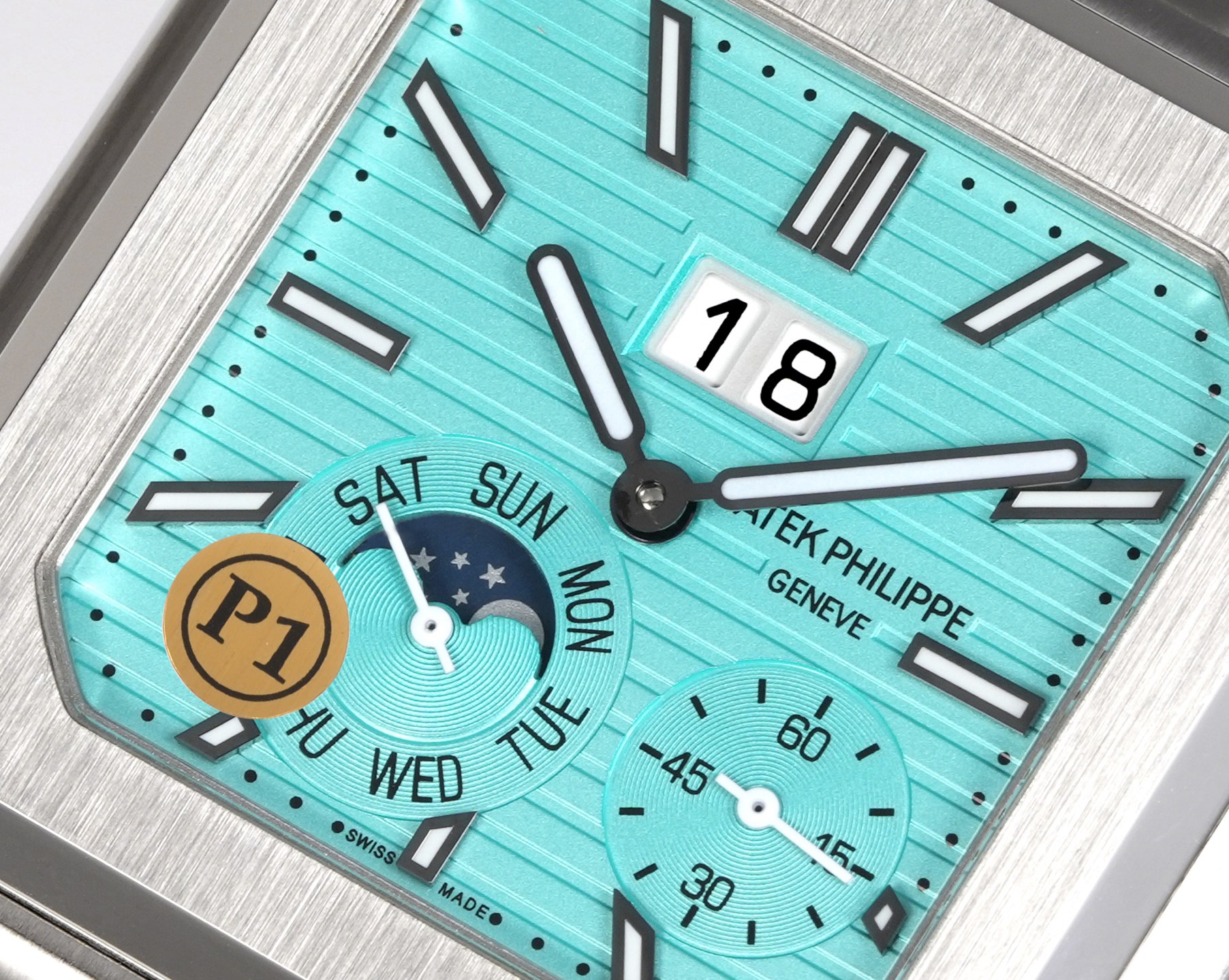 Square Nautilus-inspired 5822 Tiffany Blue Sunburst Annual Calendar Denim Strap Super Clone