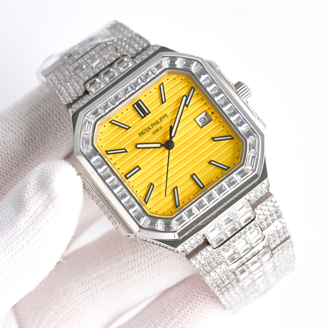 Square Nautilus-inspired 5821 Yellow Sunburst Full Pavé Diamond Super Clone