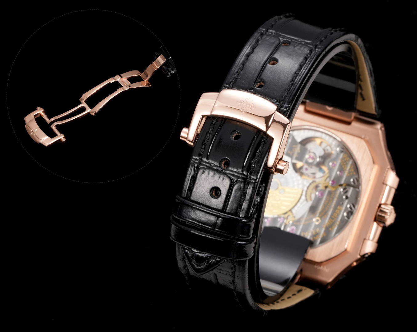 Square Nautilus-inspired 5822 Olive Green Sunburst Annual Calendar Rose Gold Leather Strap Super Clone