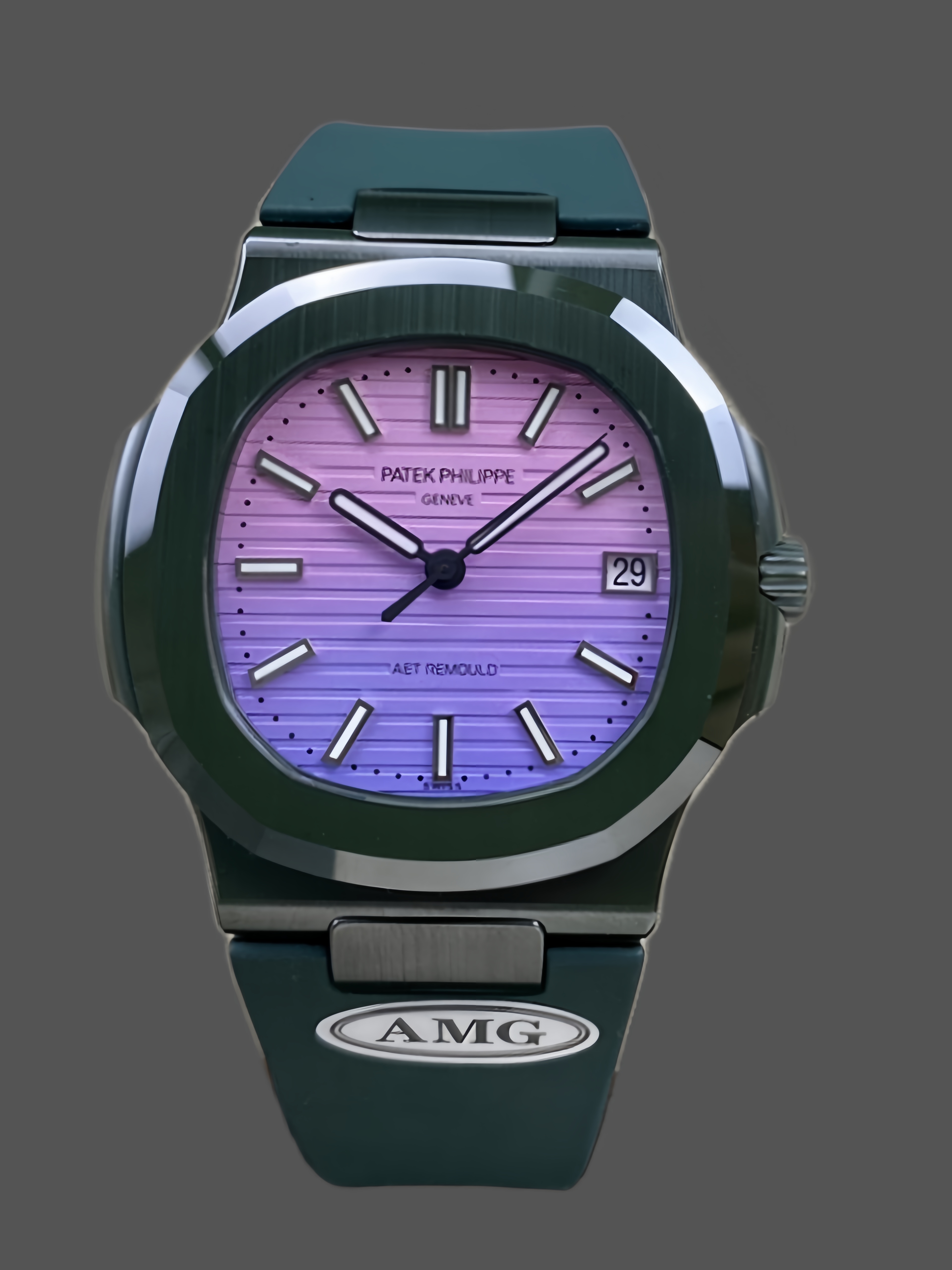 Nautilus 5711 Super Clone – 40MM Black‑Green Fiber Purple Dial Unisex Rubber Strap Watch